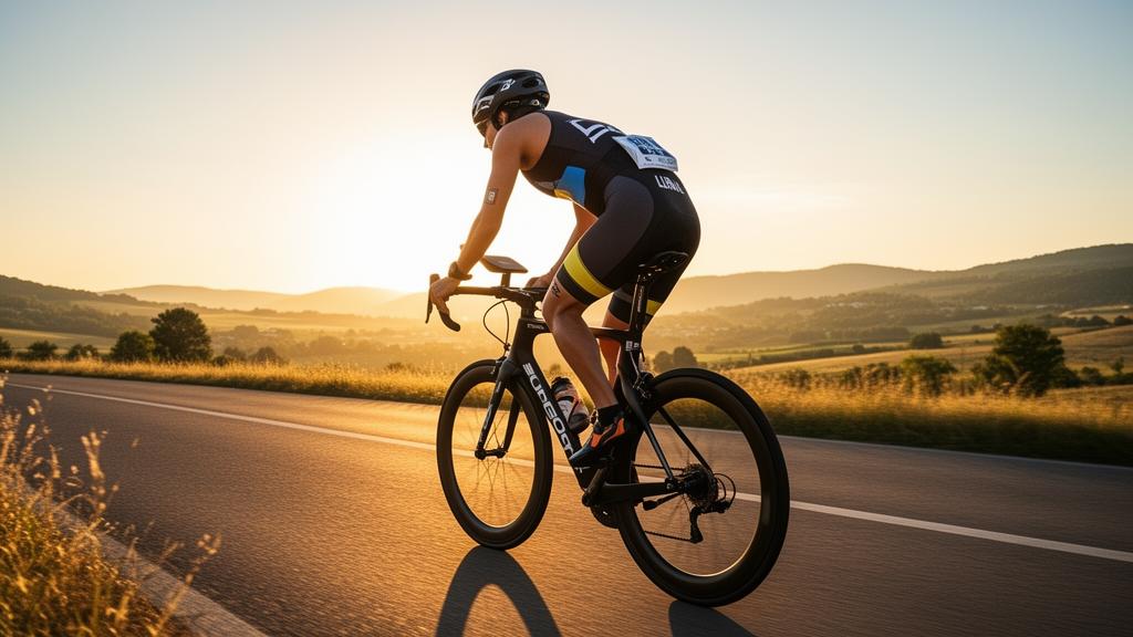 Ciclista de triatlón en carretera al atardecer