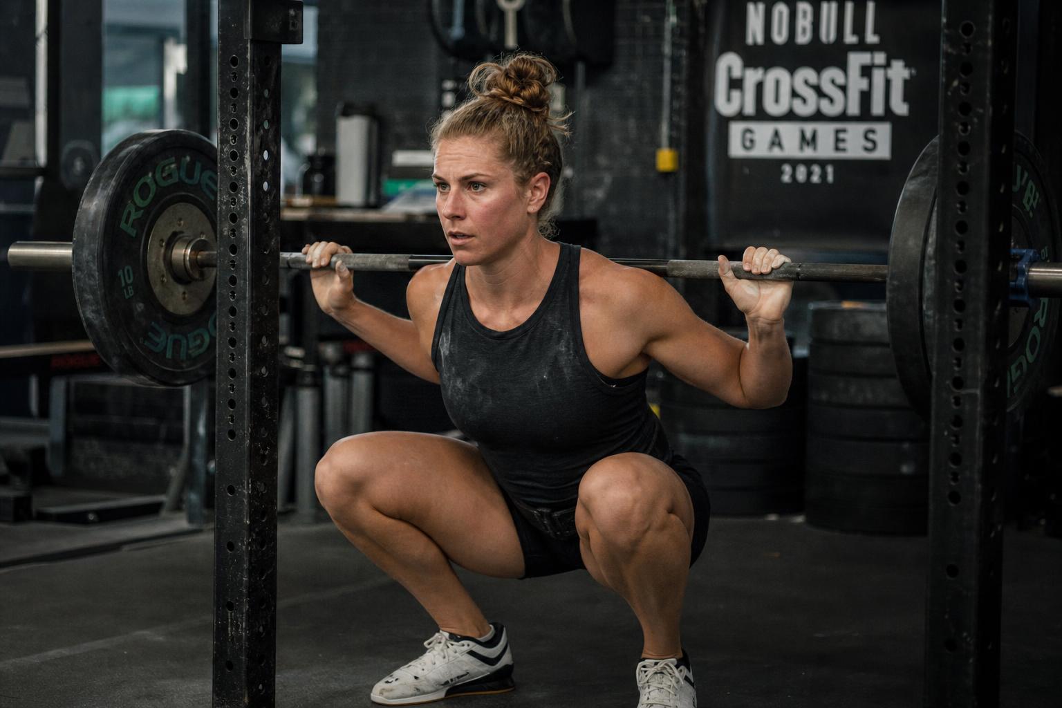 Triathlète en séance de force avec barre chargée (squat)