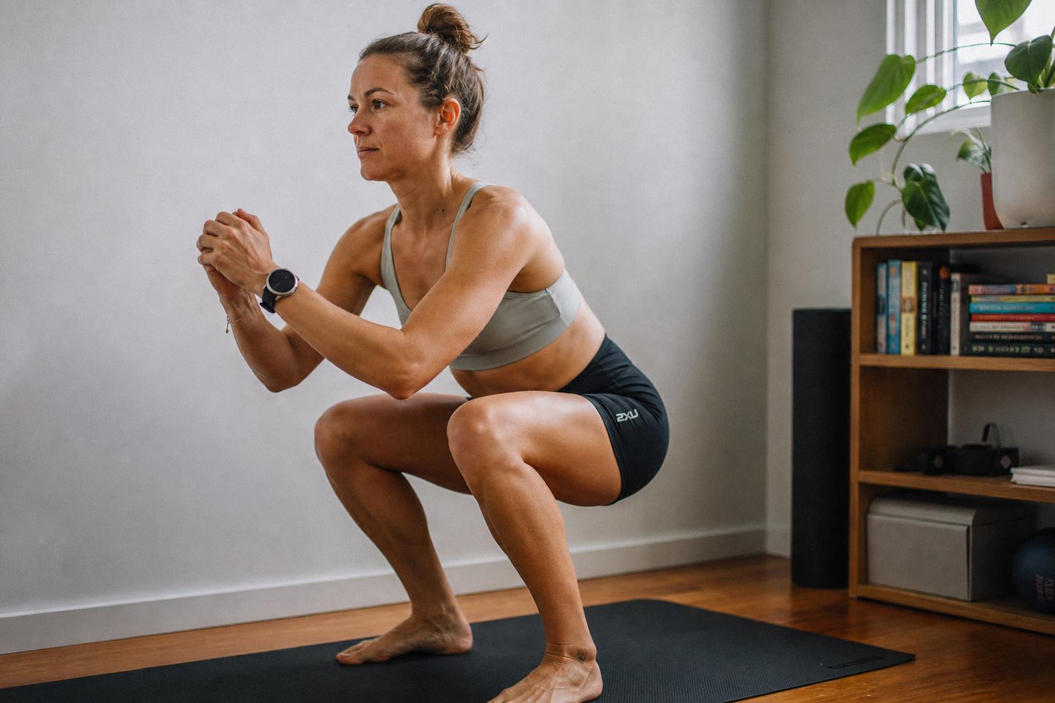 Triathlète réalisant un squat au poids du corps à domicile