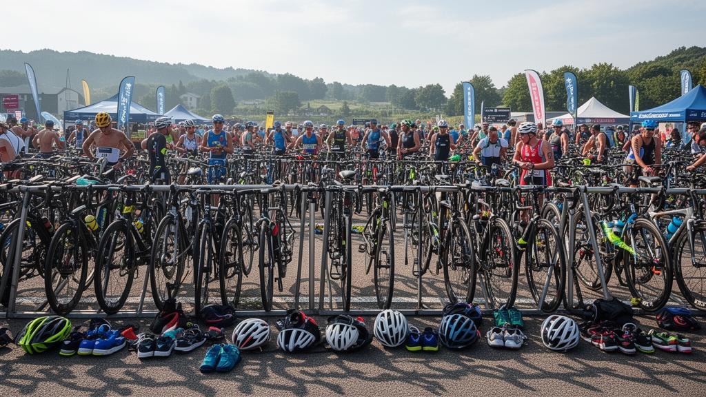 Zona de transición de triatlón con bicicletas y equipamiento